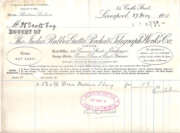 Gutta Percha Invoice 1911